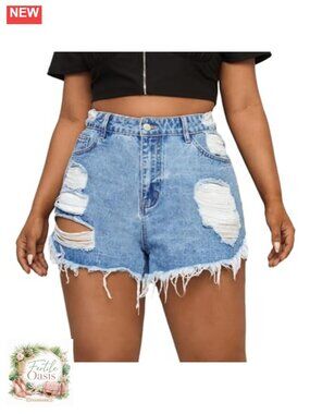 High Waisted Ripped Denim Shorts for Women Plus Size Stretchy Distressed Raw Hem